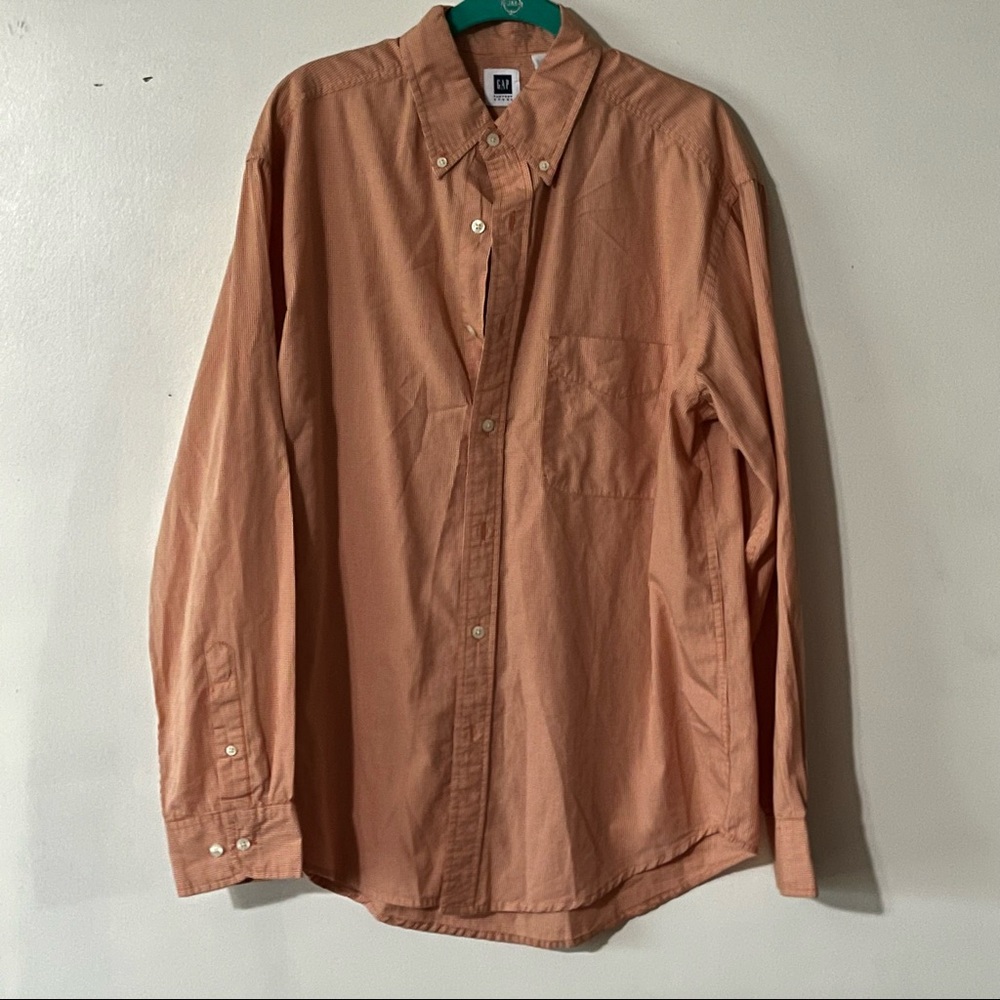 GAP FACTORY Men Button Down Shirt 100% Cotton Orange Check Long Sleeve Medium